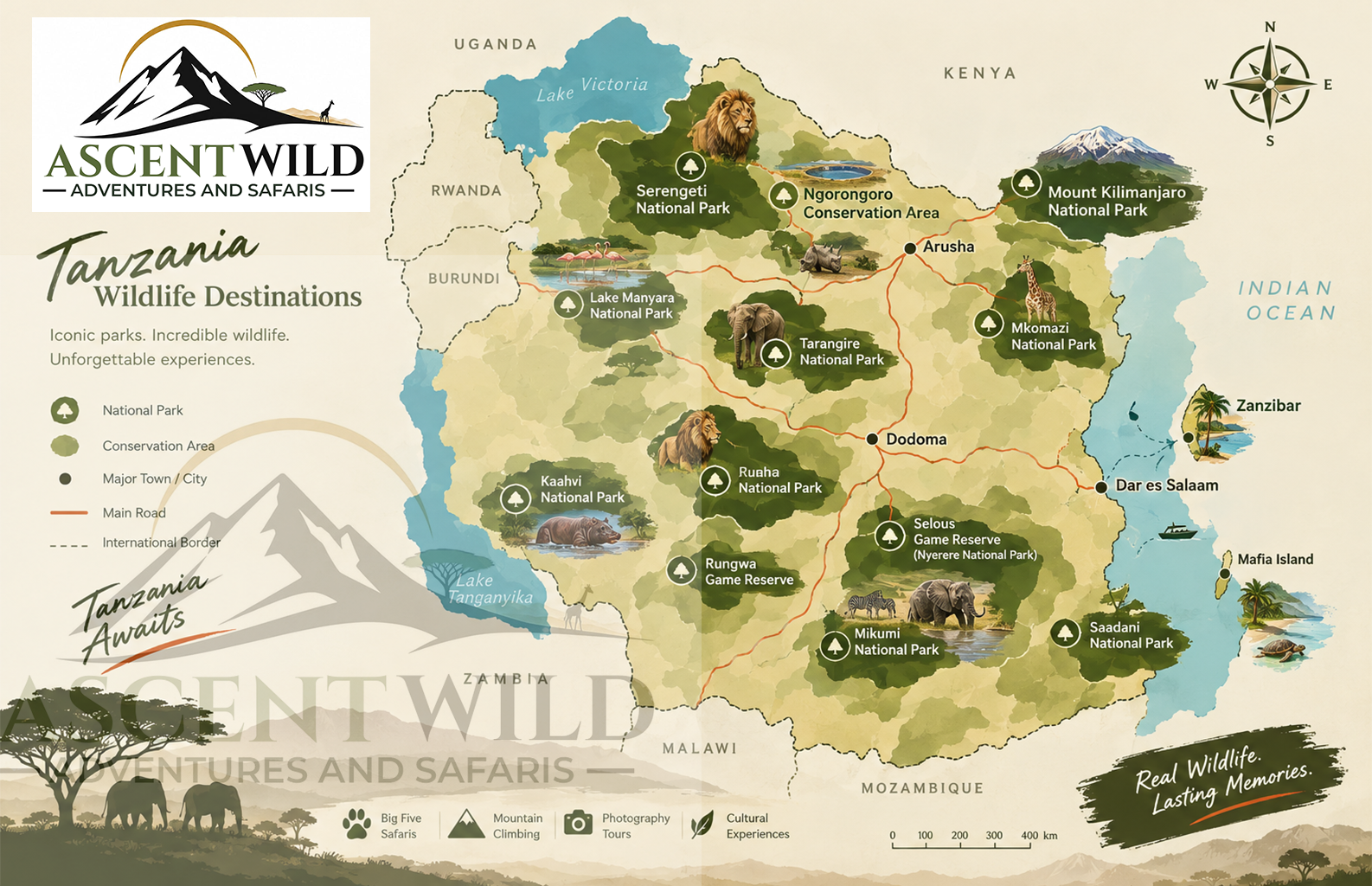 Map showing Tanzania safari destinations and travel routes